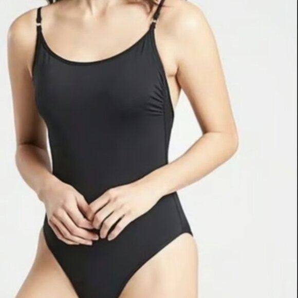 Athleta Black Skinny Strap Ring One-Piece Swimsuit Large Tall - Picture 2 of 7